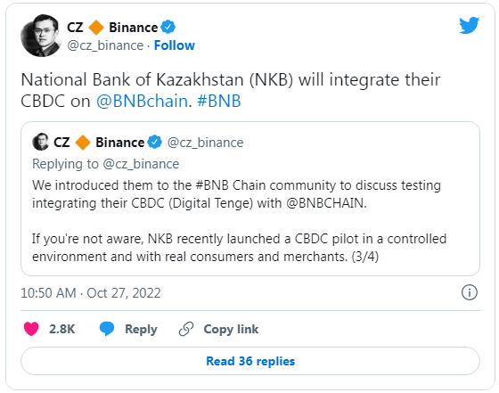 Центральный банк Казахстана интегрирует свою CBDC с сетью Binance BNB