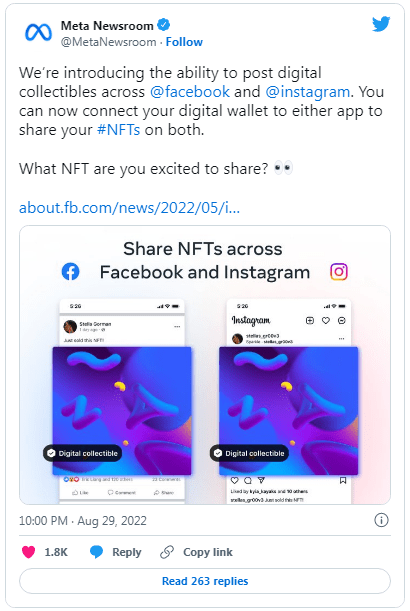 Все пользователи Facebook и Instagram в США теперь могут обмениваться NFT, осуществлять перекрестную публикацию между обоими приложениями.